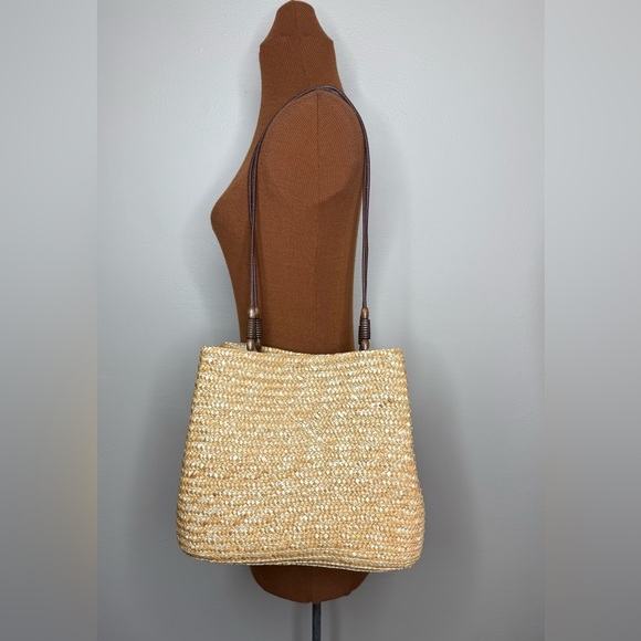 Faded Glory Handbags - Straw Tan Woven Handbag Beaded Straps